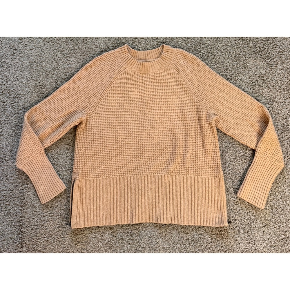 LL Bean Womens XL Waffle Knit Side Zip Sweater Camel Tan Cotton Blend 524373